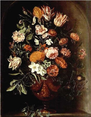 A still life with tulips, roses, a red turban cup lily, auricula, jasmin, an iris, carnations and other flowers in a vase, all in a stone niche.